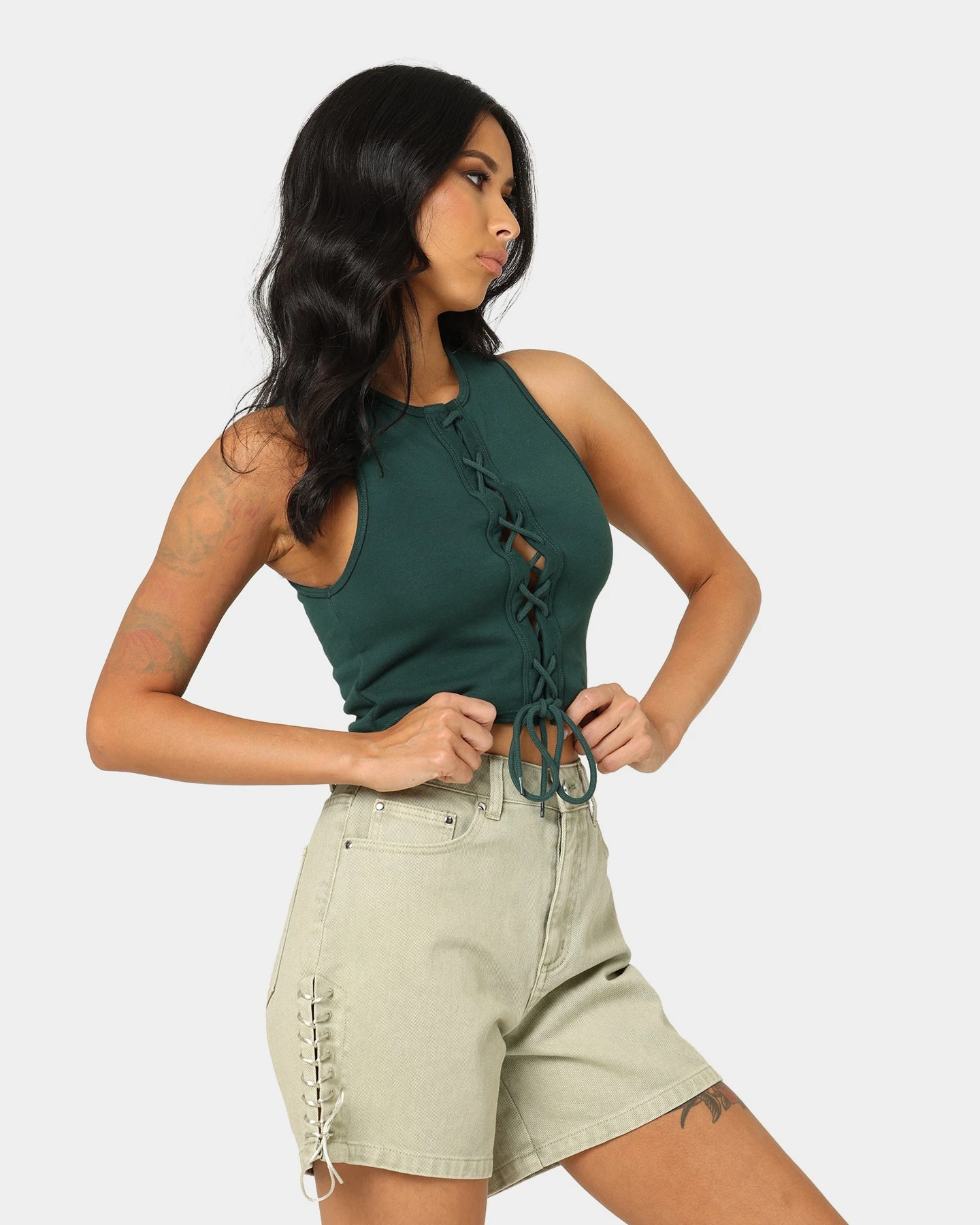 EN ES Women's Reny Lace Up Crop Top Deep Teal EN ES Women's Reny Lace Up Crop Top Deep Teal -Mitchell & Ness Shop 02037464 YD527 womens 0050