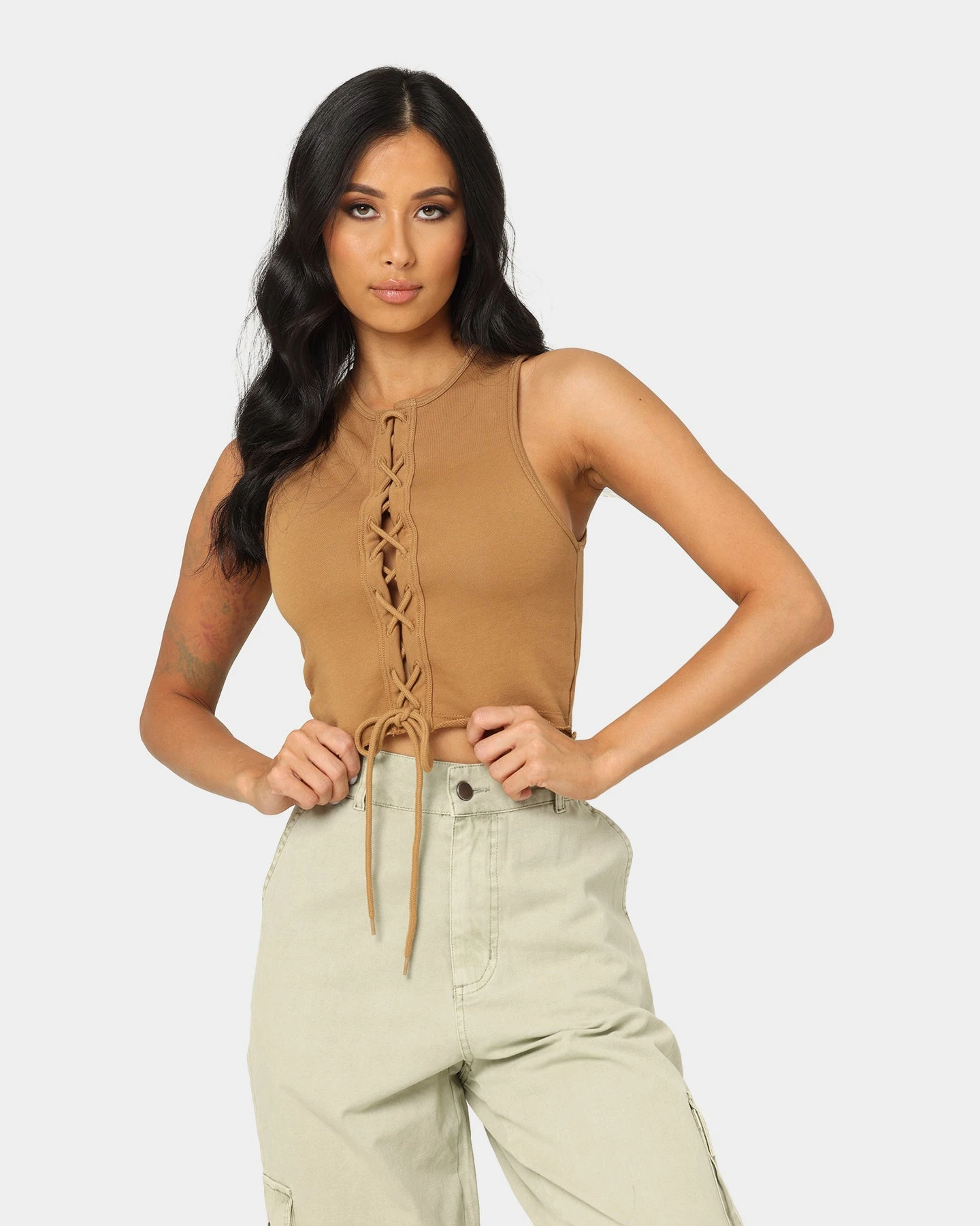 EN ES Women's Reny Lace Up Crop Top Tan EN ES Women's Reny Lace Up Crop Top Tan -Mitchell & Ness Shop 02037464 YT001 womens 0010