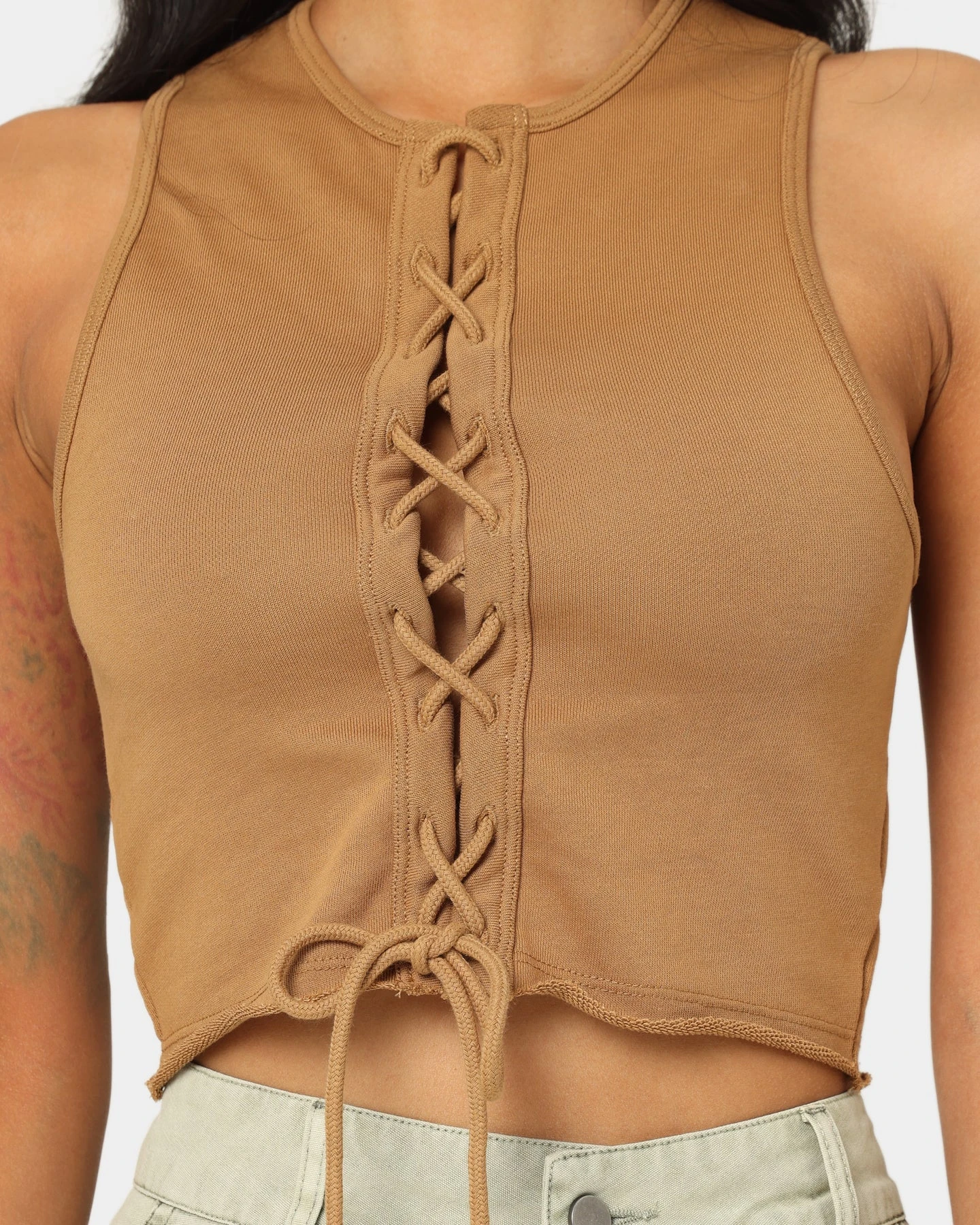 EN ES Women's Reny Lace Up Crop Top Tan EN ES Women's Reny Lace Up Crop Top Tan -Mitchell & Ness Shop 02037464 YT001 womens 0030