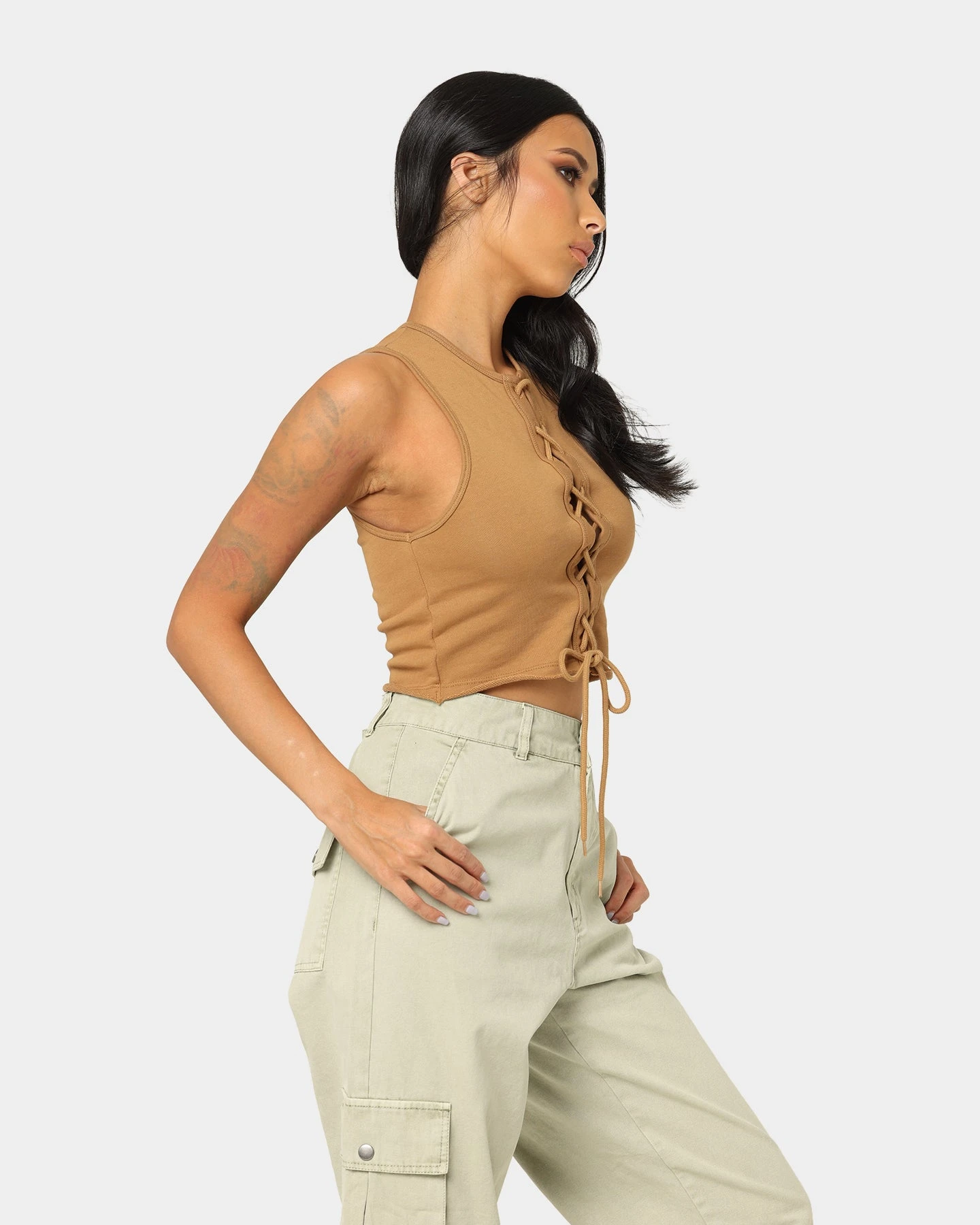 EN ES Women's Reny Lace Up Crop Top Tan EN ES Women's Reny Lace Up Crop Top Tan -Mitchell & Ness Shop 02037464 YT001 womens 0050
