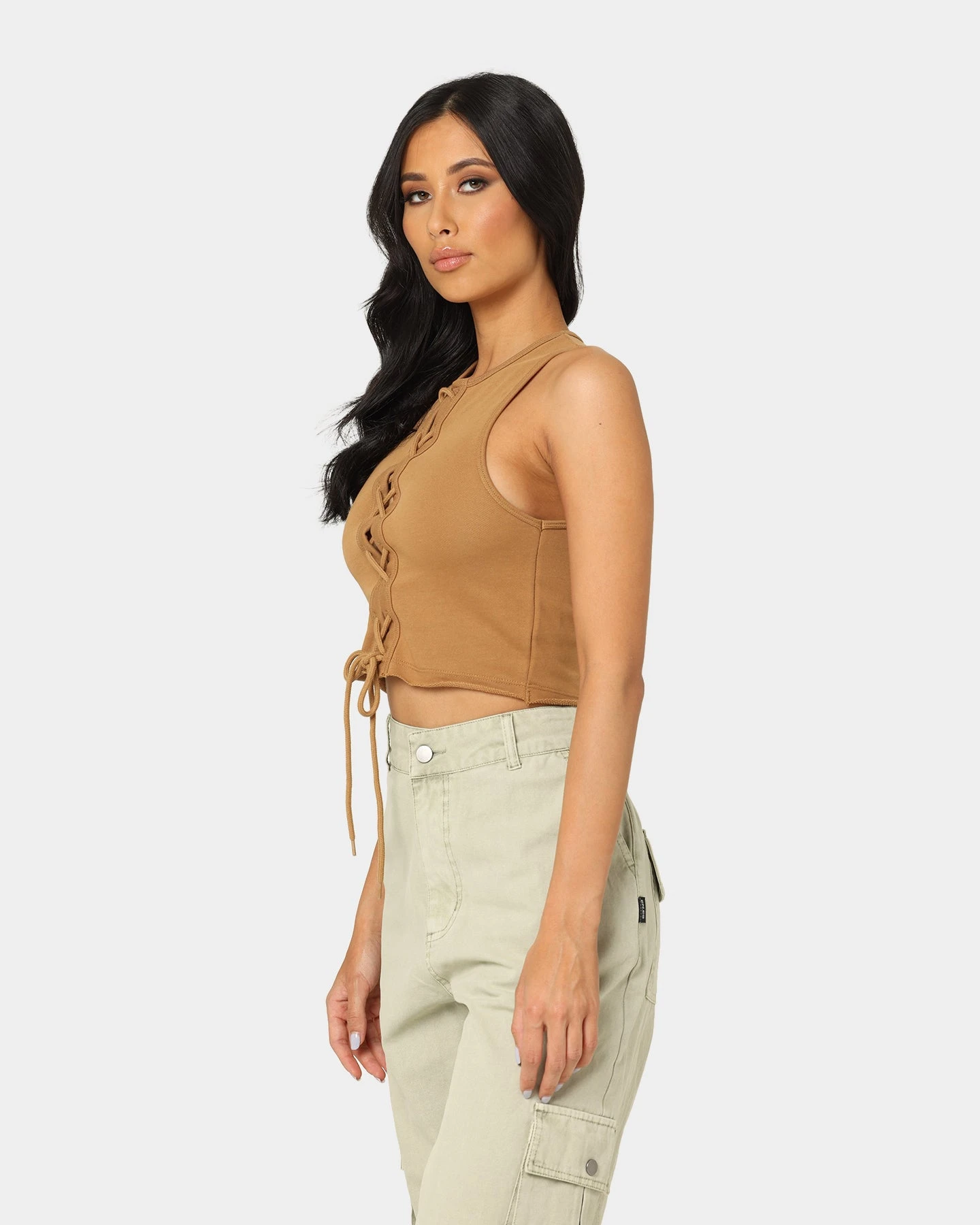 EN ES Women's Reny Lace Up Crop Top Tan EN ES Women's Reny Lace Up Crop Top Tan -Mitchell & Ness Shop 02037464 YT001 womens 0060