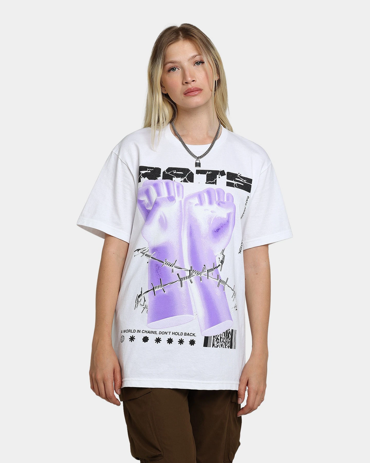 Rats Get Fat Throwing Hands T-Shirt White Rats Get Fat Throwing Hands T-Shirt White -Mitchell & Ness Shop 02039077 YW100 womens 010