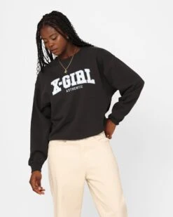 X-Girl Women's College Logo Sweat Crewneck Charcoal