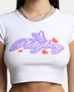 Playboy By CK Women's Script Baby T-Shirt White -Mitchell & Ness Shop 02043253 YW100 womens 0030