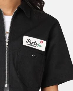 X-Girl Women's Peels Zip Up Cropped T-Shirt Black -Mitchell & Ness Shop 02044959 YB001 womens 0030