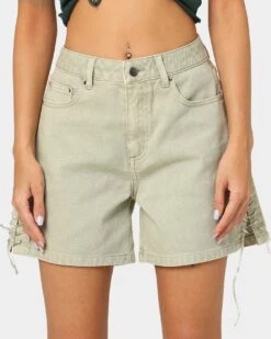 EN ES Women's Lace Me Up Denim Shorts Aloe Wash -Mitchell & Ness Shop 03009269 YA145 womens 0030