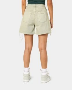 EN ES Women's Lace Me Up Denim Shorts Aloe Wash -Mitchell & Ness Shop 03009269 YA145 womens 0040