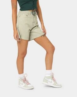 EN ES Women's Lace Me Up Denim Shorts Aloe Wash -Mitchell & Ness Shop 03009269 YA145 womens 0050