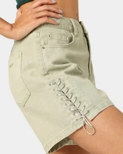 EN ES Women's Lace Me Up Denim Shorts Aloe Wash -Mitchell & Ness Shop 03009269 YA145 womens 0070