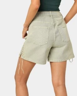 EN ES Women's Lace Me Up Denim Shorts Aloe Wash -Mitchell & Ness Shop 03009269 YA145 womens 0080