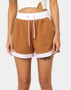 EN ES Women's Zenni Terry Shorts Tan/Stripe -Mitchell & Ness Shop 03009400 YT027 womens 0030