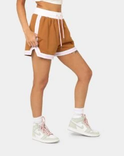 EN ES Women's Zenni Terry Shorts Tan/Stripe -Mitchell & Ness Shop 03009400 YT027 womens 0050
