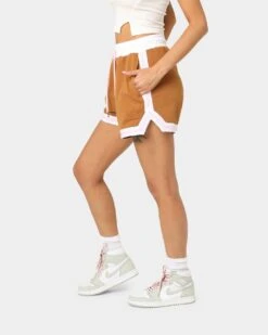 EN ES Women's Zenni Terry Shorts Tan/Stripe -Mitchell & Ness Shop 03009400 YT027 womens 0060