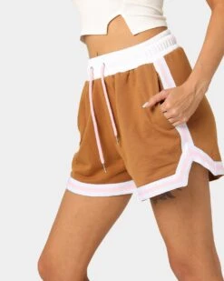 EN ES Women's Zenni Terry Shorts Tan/Stripe -Mitchell & Ness Shop 03009400 YT027 womens 0070