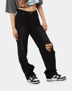 MNML Women's Baggy Distressed Jeans Vintage Black -Mitchell & Ness Shop 03010299 YV009 womens 0050
