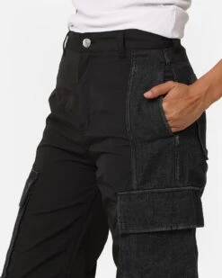 X-Girl Women's Denim Mixed Pants Black -Mitchell & Ness Shop 03011031 YB001 womens 030