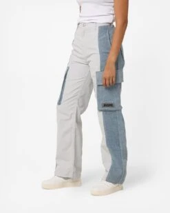 X-Girl Women's Denim Mixed Pants Light Grey -Mitchell & Ness Shop 03011031 YL210 womens 060