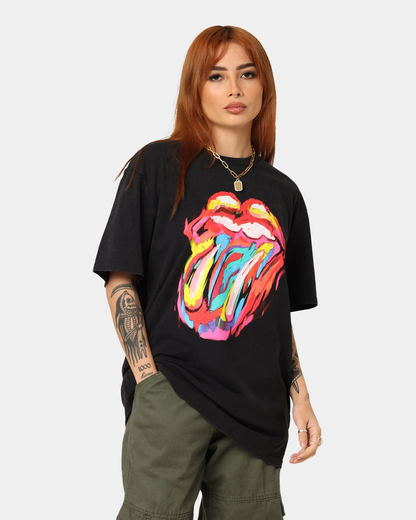 The Rolling Stones Watercolour Tongue Vintage T-Shirt Washed Black The Rolling Stones Watercolour Tongue Vintage T-Shirt Washed Black -Mitchell & Ness Shop 08001055 YW607 womens 0010