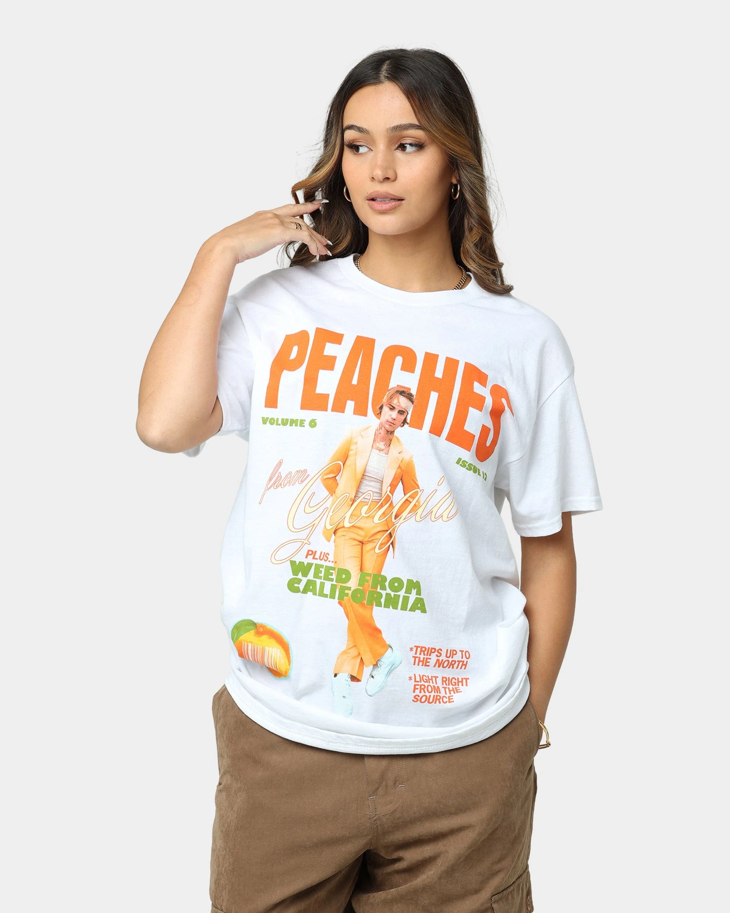 Justin Bieber Peaches T-Shirt White Justin Bieber Peaches T-Shirt White -Mitchell & Ness Shop 08001067 YW100 womens 0010