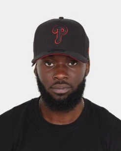 New Era Philadelphia Phillies "Scarlet Bottom" 9FORTY A-Frame Snapback Black/Scarlet -Mitchell & Ness Shop 196313702240 mens 100