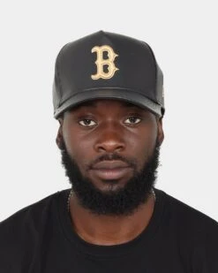 New Era Boston Red Sox "Black Tan PU Leather" 9FORTY K-Frame Snapback Black/Tan -Mitchell & Ness Shop 196499882361 mens 0100